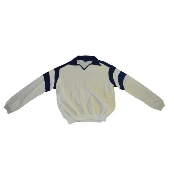 Vintage JCPenney Men's XL Sweater Cream & Navy 100% Acrylic Colorblock Design - Picture 2 of 6